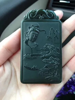 

Natural Xinjiang Tsing Green Material and Tian Yuqing Jade Guanyin Landscape Pendant hp373#
