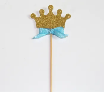 

16 Blue bow Gold Glitter Crown Cupcake Toppers prince boy kids 1st first 2nd 3rd birthday Party decoration supplies