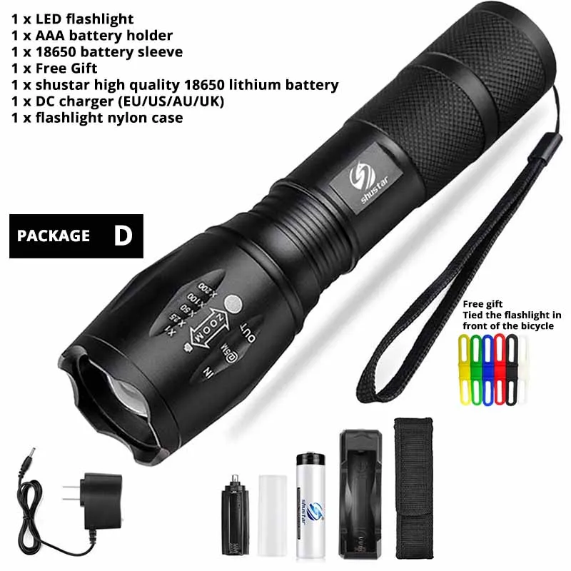 Package D Светодиодный фонарик Ультраяркий фонарь T6/L2/V6 для кемпинга 5 режимов переключения водонепроницаемый масштабируемый Велосипедный свет использовать аккумулятор 18650 - Испускаемый цвет: Package D
