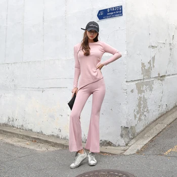 

Fashion cotton bouncy women set new arrival summer korean outdoor sweet casual o-neck T-shirt long pant elastic two-piece set