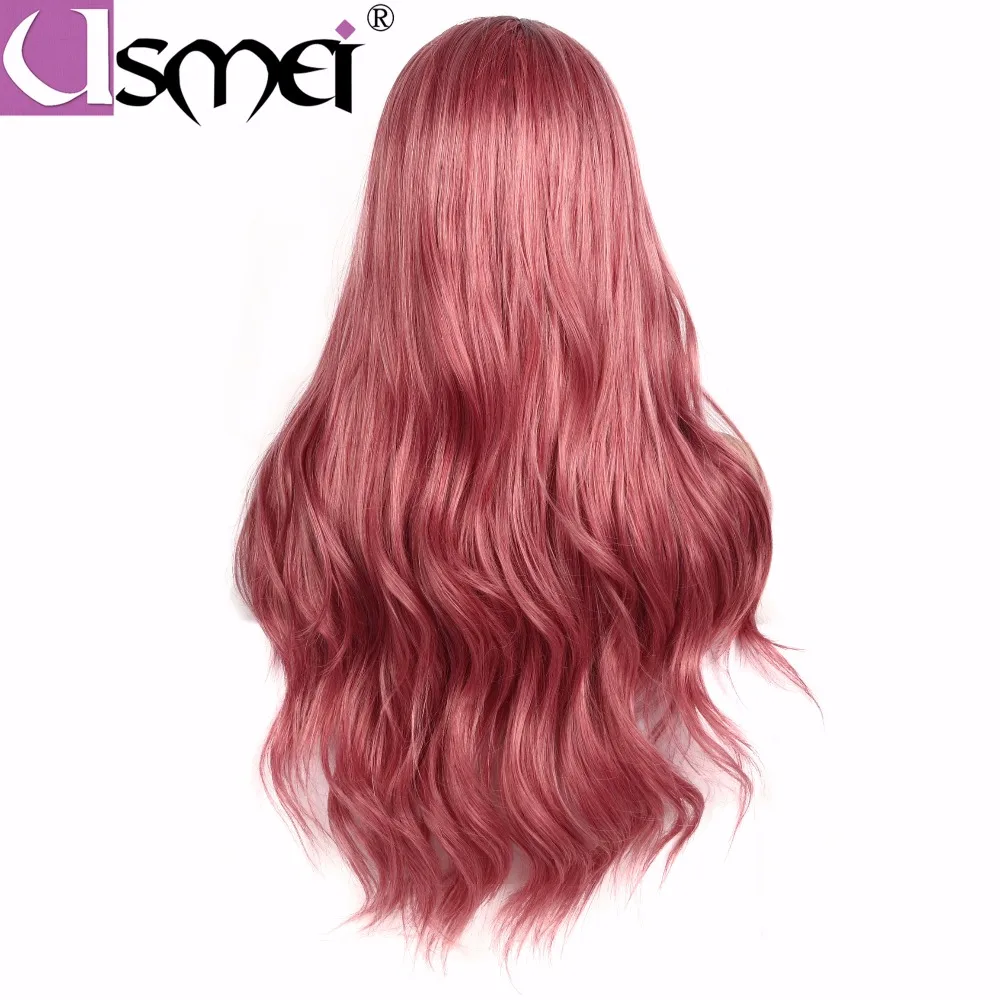 USMEI ручная работа спереди длинные Омбре розовые волосы высокой плотности температура Синтетический парик для белых женщин бесклеевой волнистый парик для косплея