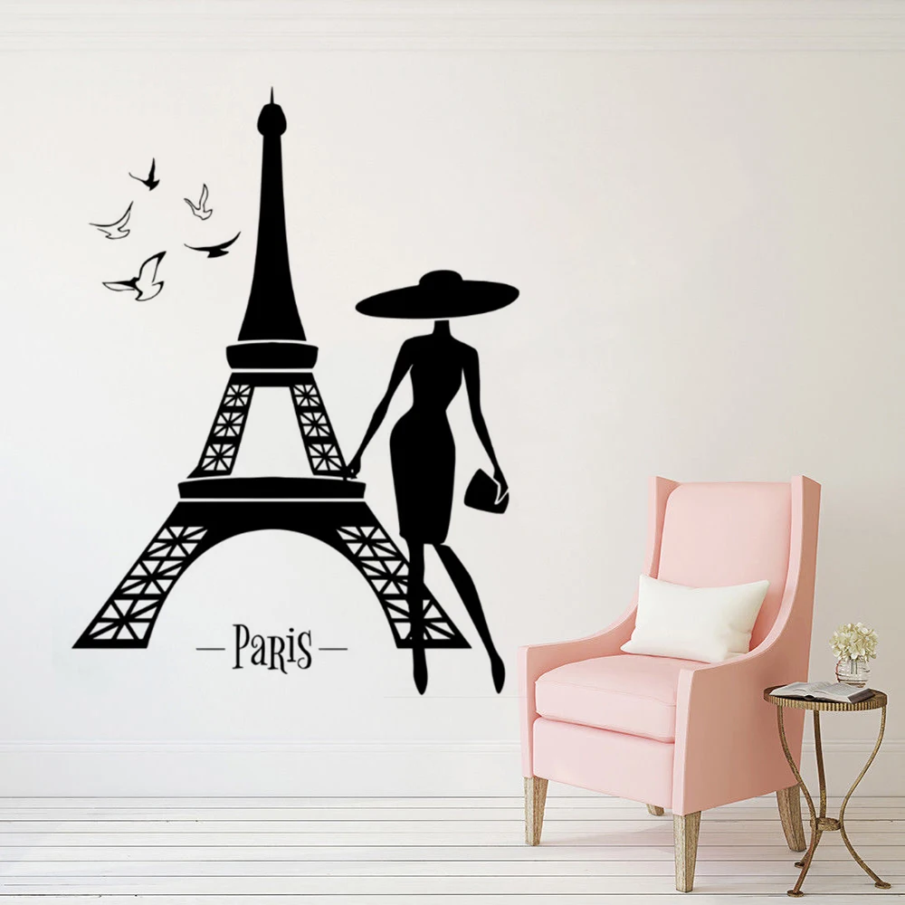 

Paris France Romance Wall Sticker Paris Tower Vinyl Wall Decal Beautiful Girl Birds Design Wall Poster Home Decor Gift AY1584