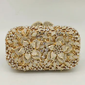 Gold Dazzling Bridal Crystal Flower Clutch