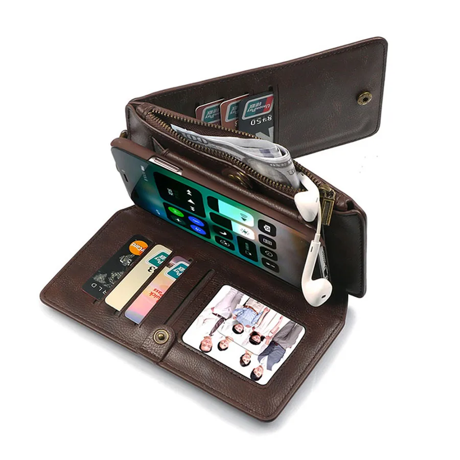 Многофункциональный кожаный чехол-бумажник для iPhone X, 6, 6 S, 7, 8 Plus, съемный чехол для телефона, флип-чехол с подставкой, чехол с отделением для карт, сумка на молнии