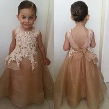 Kinder Abendkleider 2016 Günstige Eine Linie Champagne Blumenmädchenkleider Backless Kind Pageant Kleider