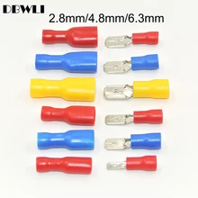 Conetor de fiação elétrica isolado, conector macho e fêmea de 100mm 2.8mm, 50 pares, 4.8mm, 6.3mm, spade FDFD2-250 MDD2-250