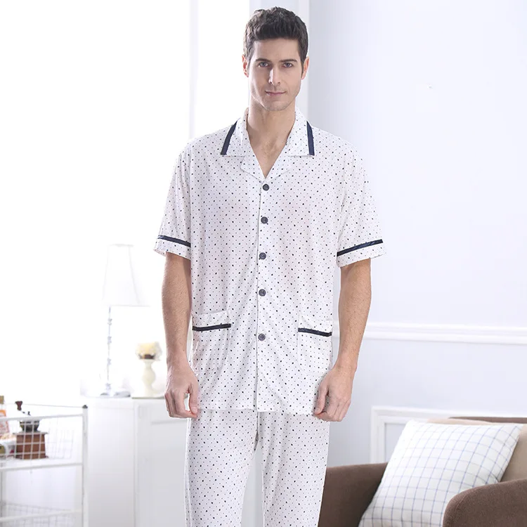 Мужские пижамные комплекты CherLemon, топ с короткими рукавами и длинные штаны, летняя одежда для сна, Повседневная белая удобная одежда в горошек, M-4XL - Цвет: Белый