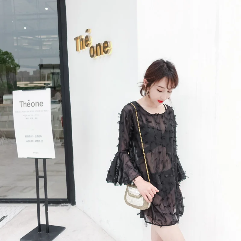 

Sexy 2018 new July Transparent lace cover-ups three-piece swimsuit Push Up bandage bikini Swimwear Halter women bathing suits