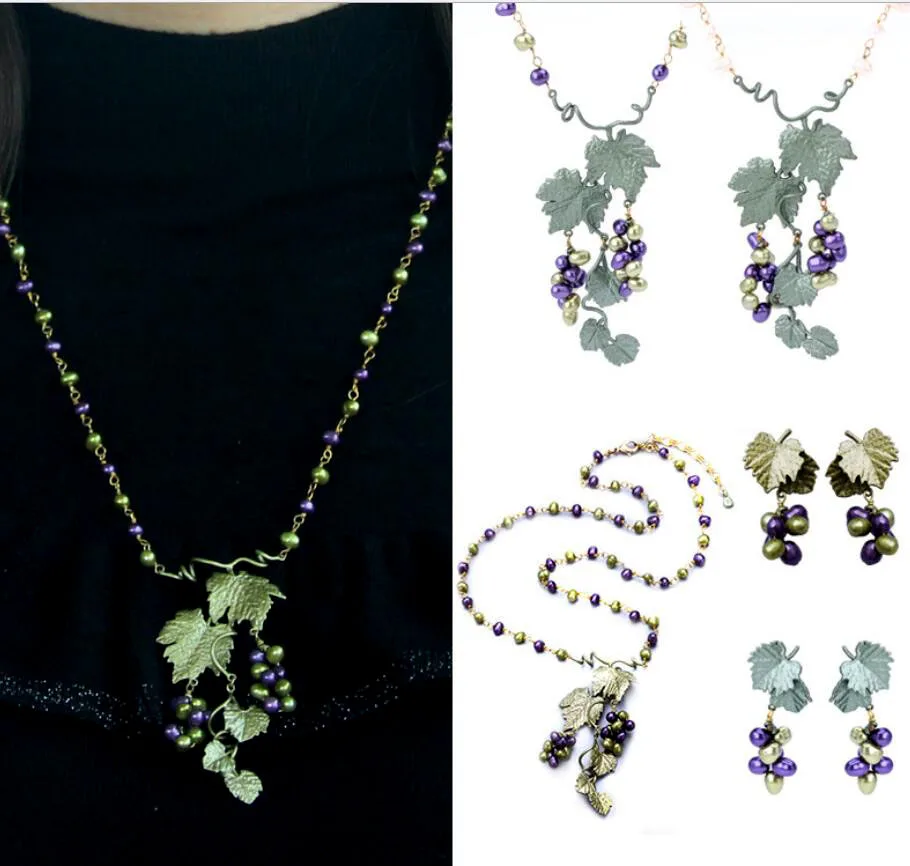 

CSxjd Botanical garden natural pearl Purple green grape vinesleaf necklace Vintage Elegant Women necklace Jewelry