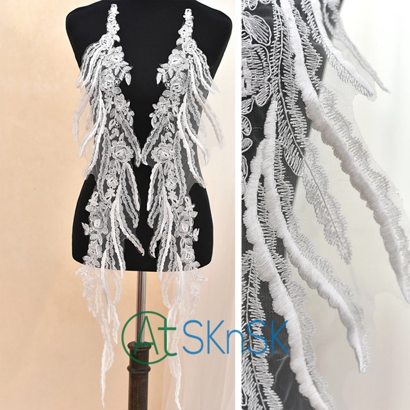 

1Pair/ 2Pc Ivory 90X17cm Wings Embroidered Lace Flower Wedding Dress Diy Flower Shirt Dress Skirt Lace Applique Fabrics Material