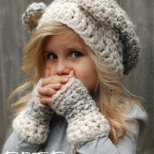 IANLAN зимние комплекты для девочек шапки перчатки без пальцев милый маленький медведь стиль Дети вязать утолщение Твердые Шапки Наборы с варежками IL00187