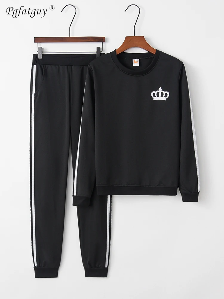 

2019 Autumn Side Striped Tracksuit Long Sleeve Sweatshirts+Pants 2 Piece Set Crown Print Casual Sport Suit Women Tracksuit Set