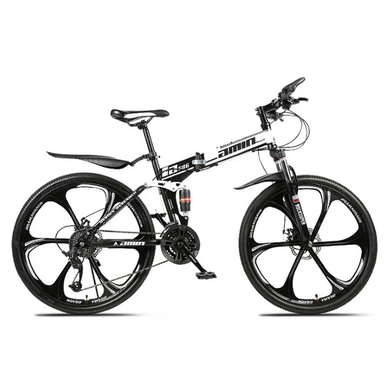 black and white L 24 26 дюймов складной горный велосипед 21 скорость двойного демпфирования 6 ножей колеса и 3 ножа колеса велосипед двойные дисковые тормоза горный велосипед - Цвет: black and white L