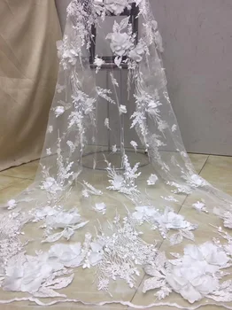 

Free shipping (5yards/pc) high quality pure white African tulle lace big 3D flowers appliqued French net lace fabric FZZ096