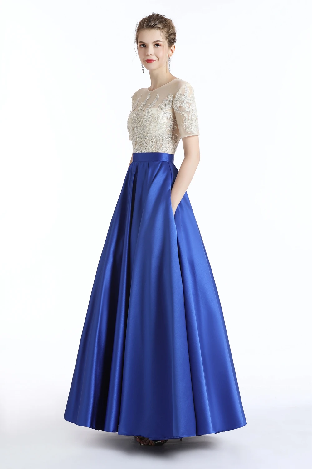 Распродажа вечернее платье, для банкета элегантность Синий Атлас с короткими рукавами Аппликации А-силуэт Выпускной вечернее платье блестящее платье
