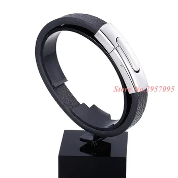 

Cool Men Jewelry Black Leather Rope Chain Bracelets Men Stainless Steel Magnetic Buckle Simple Bracelet