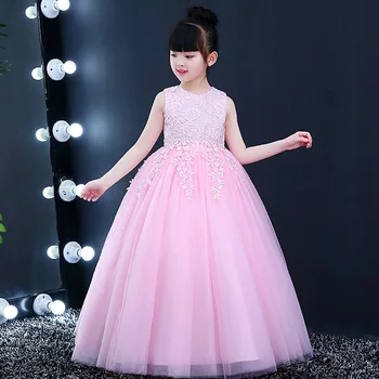 

New Luxury Summer Long White Flower Girls Dress Kids Teenagers Party Princess Elegant Ball Gown Lace Sleeveless Christmas Dress