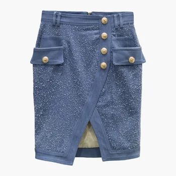 

Classic Designing European Women Elegant Summer All-match Slim Straight Asymmetrical Solid Color Denim Skirt Buttons Mini Skirts