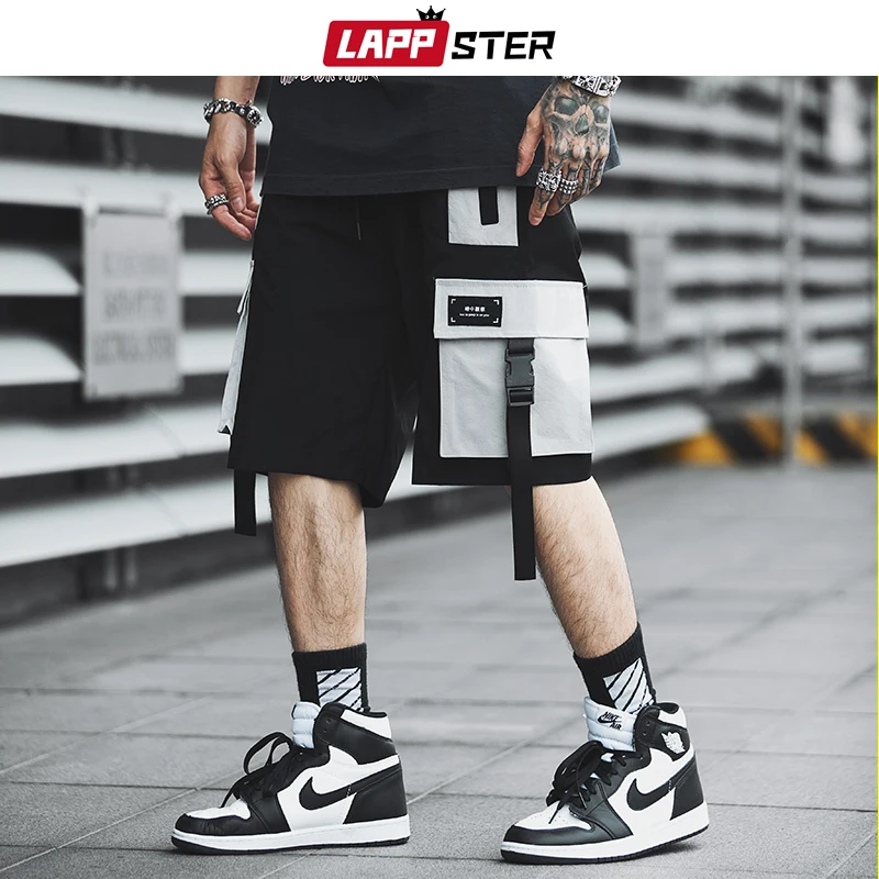 

LAPPSTER Men Streetwear Color Block Cargo Shorts 2019 Summer Hip Hop Shorts Men Joggers Polyester Sweatshorts Belt Khaki Shorts