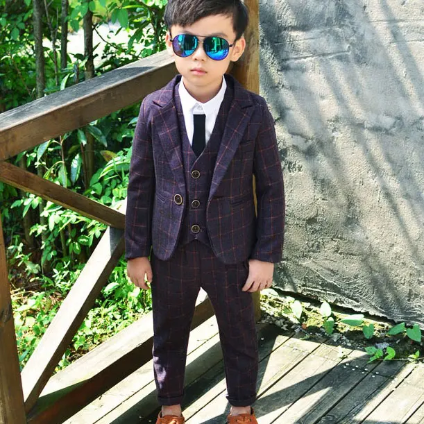 Flower Boys Plaid Wedding Suit Brand England Style Gentle Boy Formal Tuxedos Suit Kids Spring 3Pcs Clothing Set Costume N68