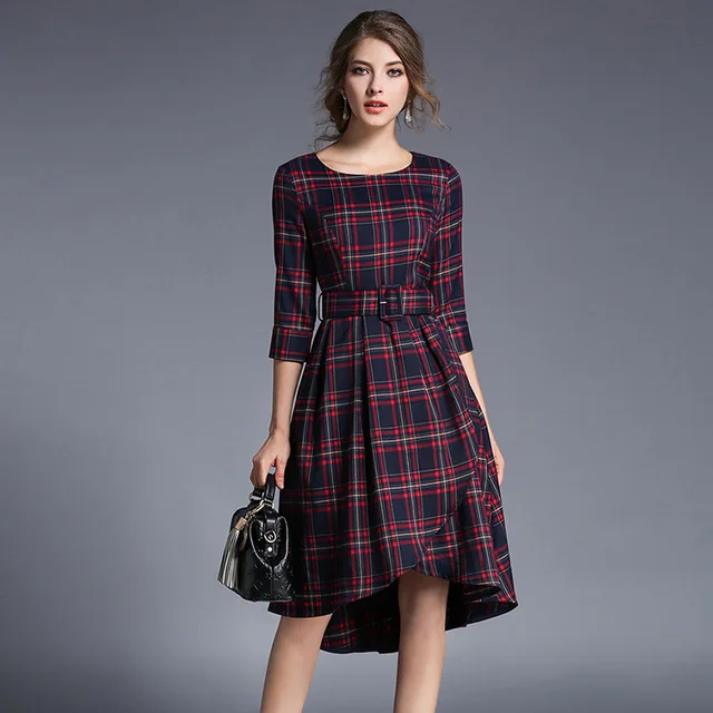 Autumn Plaid British Style Dresses New England Lattice A Line O Neck Autumn Plaid British Style Dresses New England Lattice A Line O Neck Thick Slim Checked Knee