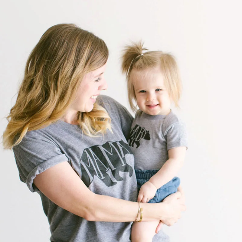 

Fashion Summer Family Matching Gray Clothing Dad Mum Baby Clothes Outfits Papa Mama Babies Cotton Letter Animal Print T-shirt
