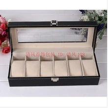 6-отделения, из дерева структура Искусственная кожа коробка для хранения часов Витринного шкафа шкатулка для драгоценностей из прозрачного стекла верхней крышке черный SBH004