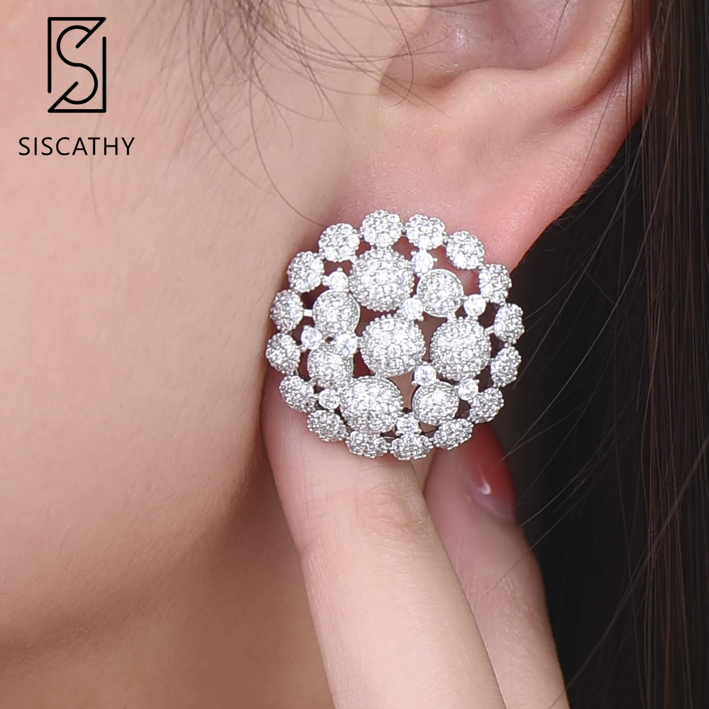 

SISCATHY New Fashion Round Shape Hollow Silver Women Earrings Beautiful Wedding Jewelry Tone Cubic Zirconia Inlaid Stud Earrings