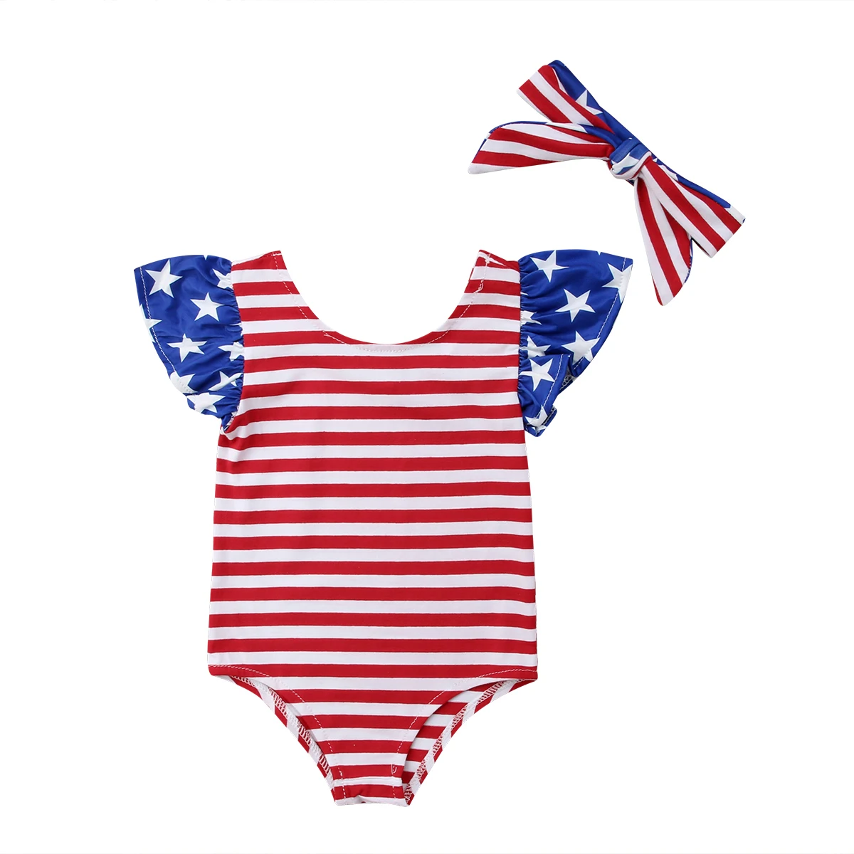 

New Baby Girl Stripe&Stars Romper Headband 2Pcs Outfits Set