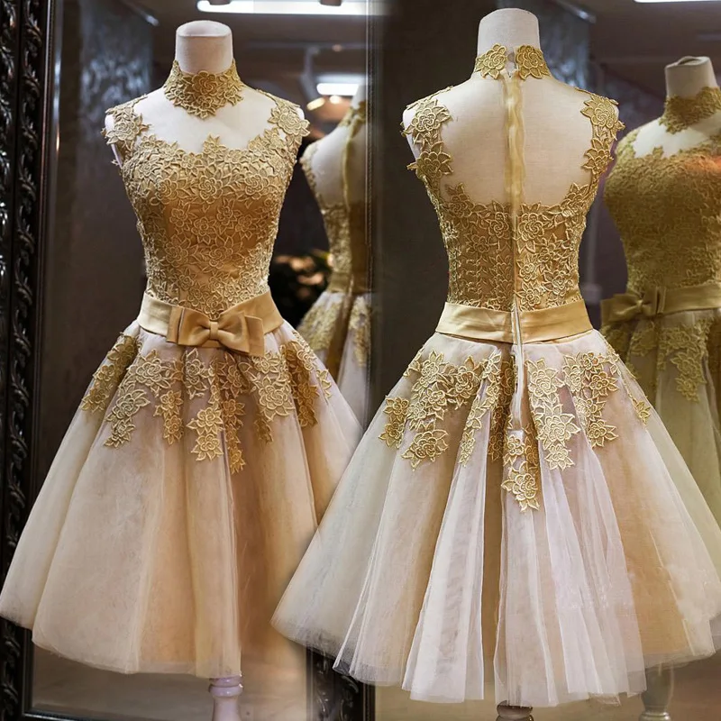 

High Neck Knee Length Gold Homecoming Party Dresses with Lace Short Cocktail Dresses with Bow Sash