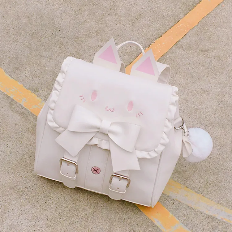 Япония Лолита девушка вышитый кот рюкзак леди Прекрасный лук сумка Kawaii Мультяшные кошачьи уши студенческие сумки Mochila Feminina