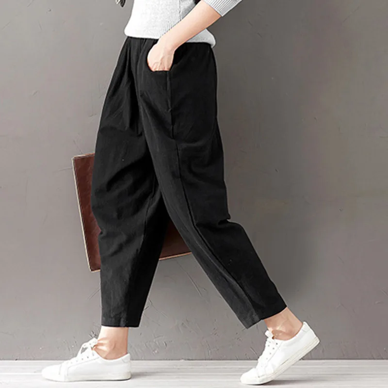 

Solid Fashion Linen Elastic Waist Mid Ankle-Length Harem Pants Loose Summer Pants With Pockets For Women Casual Lady's Pants