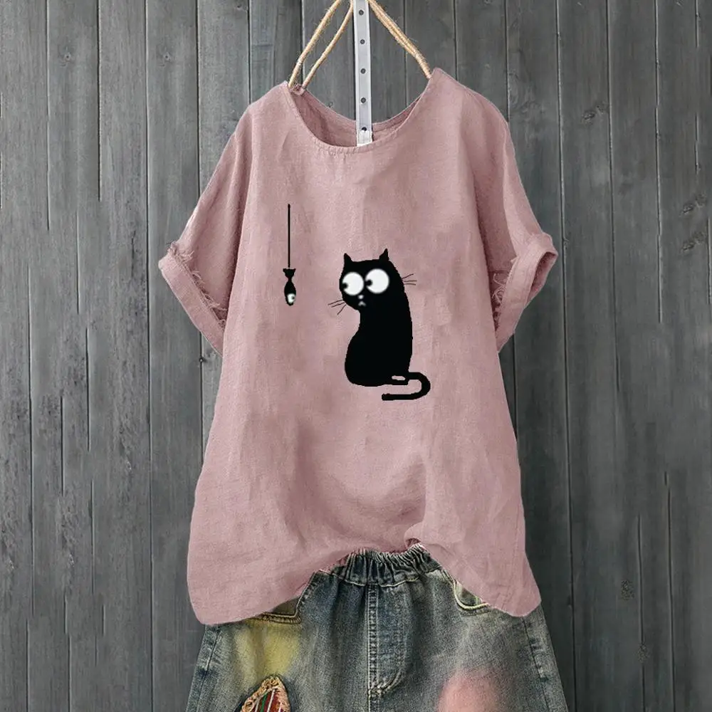 

New Funny Cat Print Shirt Tops For Women 2019 Summer Vintage Loose Casual Beach Top Plus Size 4XL t shirt femme top mujer