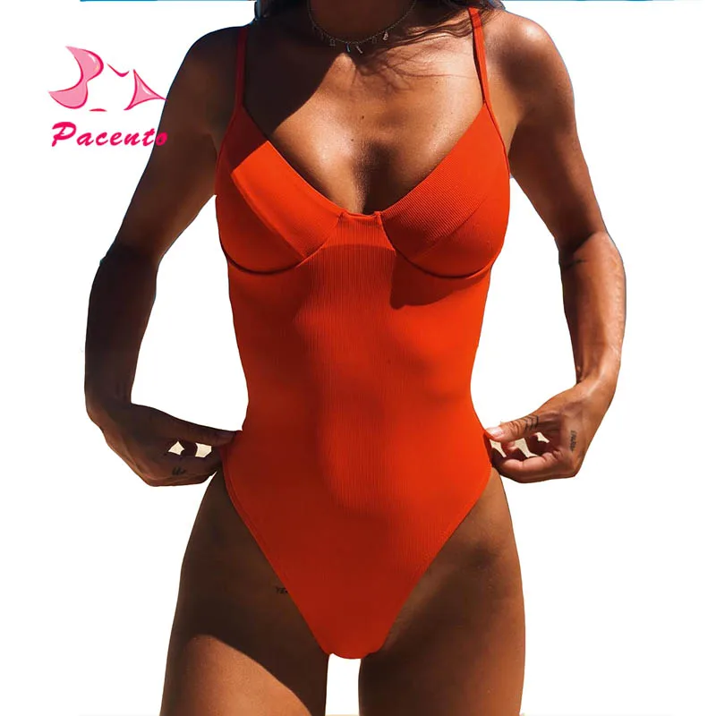 

Pacento Underwire One Piece Swimsuit Swimwear Women Orange Solid Bikini 2018 Mujer Push Up Bathing Suit Beachwear Maillot Female