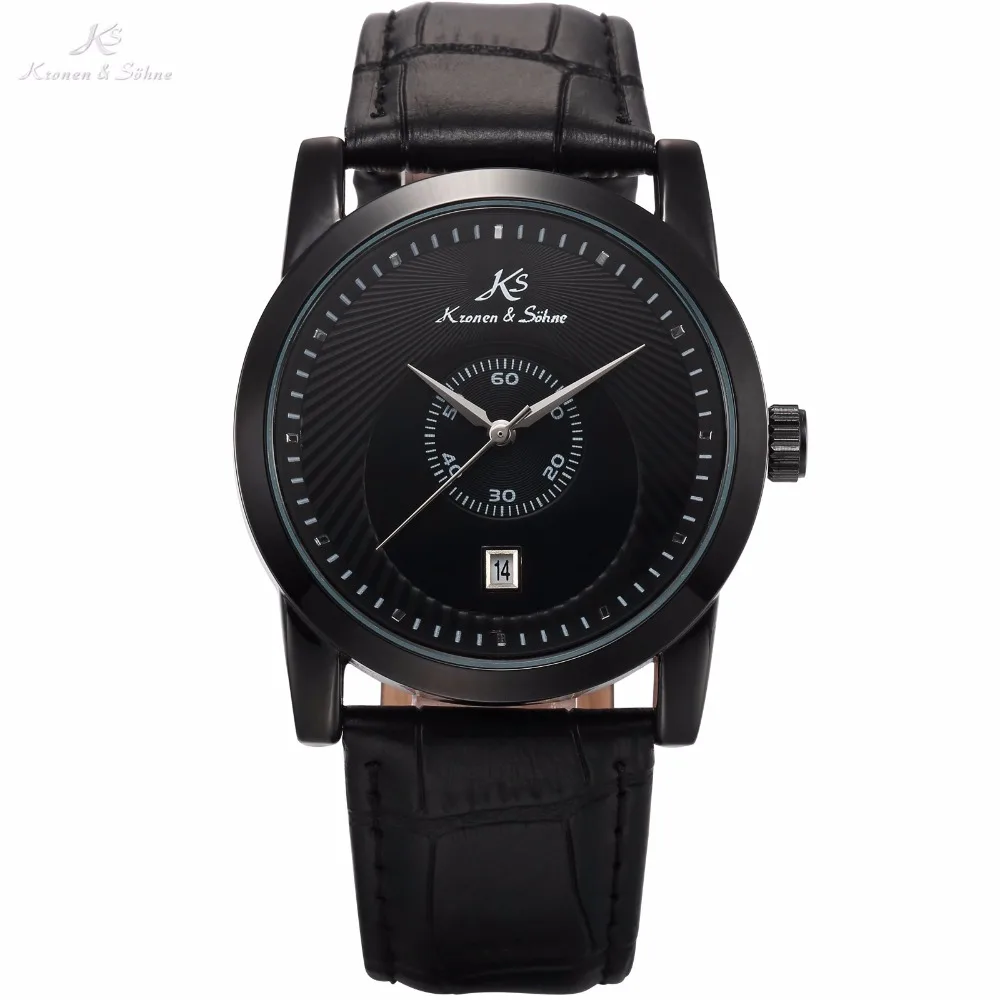 KS Brand Full Black Date Display Sub Dial Genuine Leather Band Strap Mechanical Watch Automatic Mens