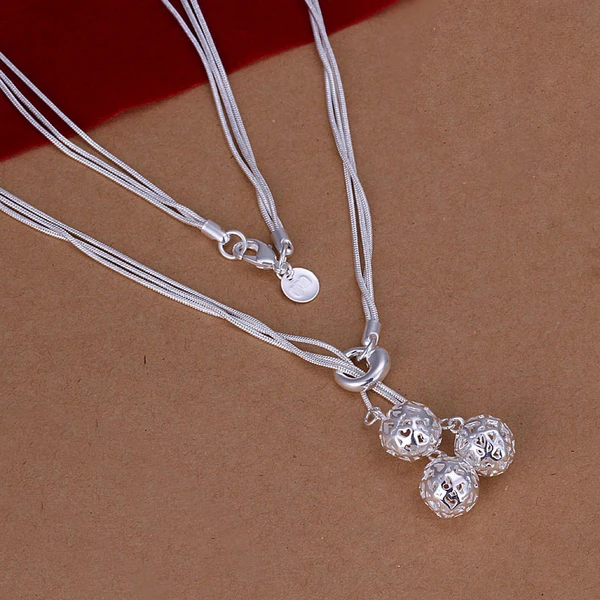 

Women or girls fashion jewerly 925 sterling silver three hollow ball charms Pendant with snake chains Necklace Wholesale