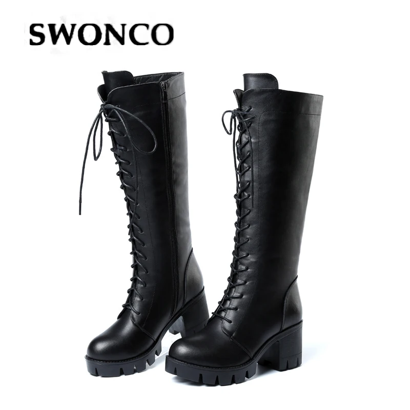 SWONCO stivali alti al ginocchio donne scarpe casual blocco tacco stivali di pelle delle donne di inverno 2019 dalla fasciatura femminile di inverno caldo scarpe alte scarpe di avvio|Stivali al polpaccio| - AliExpress