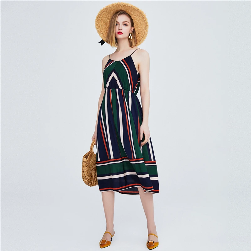Casual Striped Beach Dress Women Sexy Sleeveless Spaghetti Strap Midi A Line Party Dress Sundress Vestidos 2019 new Spring