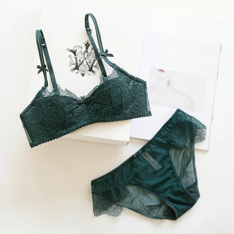 Europe Romantic sexy Half Cup Cotton Bra Set Vintage Eyelash Lace Transparent Underwear For Women