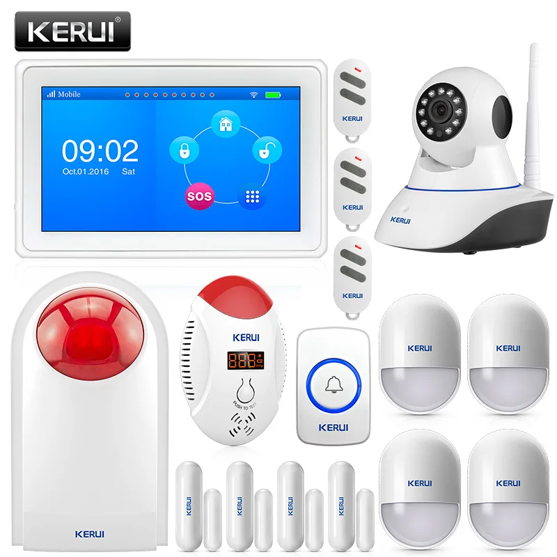 

KERUI K7 7 Inch TFT Color Display WIFI GSM Security Alarm System with CO Detector Motion Sensor IP Camera SOS button and Siren