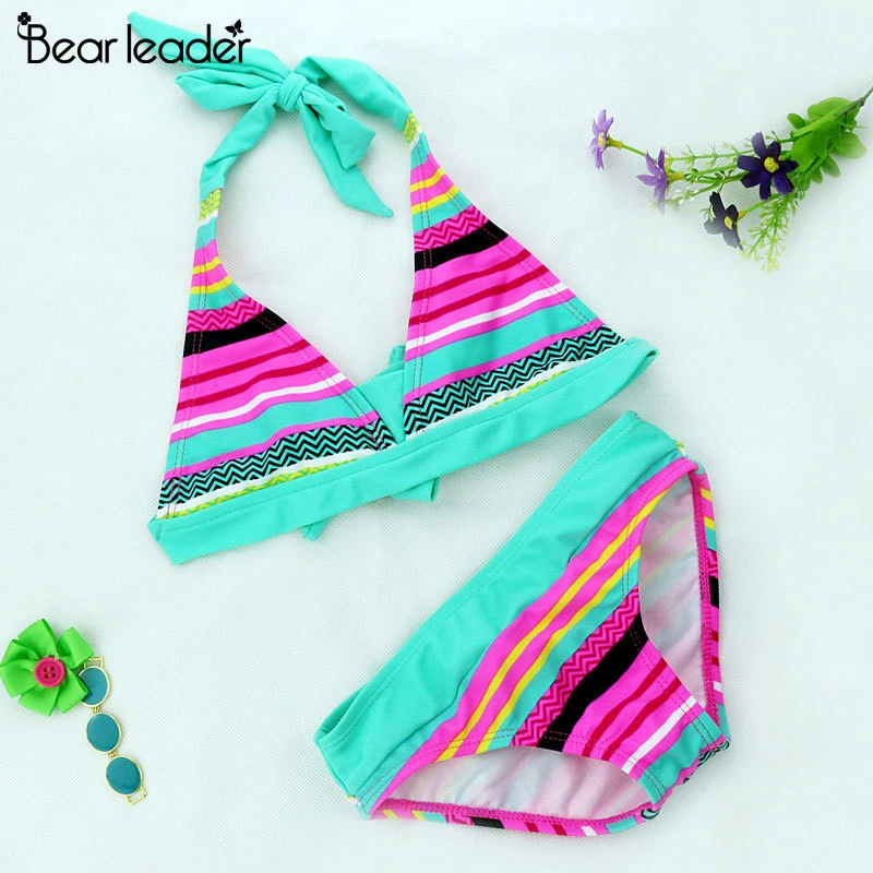 

Bear Leader Girls Clothing Sets 2020 New Summer Lacing Tail Bikini Suits Swim Stripe Pattern Costume Clothing Sets For 3-12Years