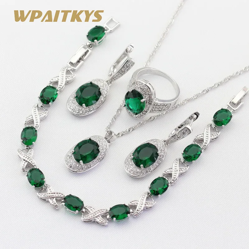 

Women Bridal Silver Color Jewelry Sets Green White Crystal Necklace Pendant Earrings Ring Bracelet Free Gift Box WPAITKYS