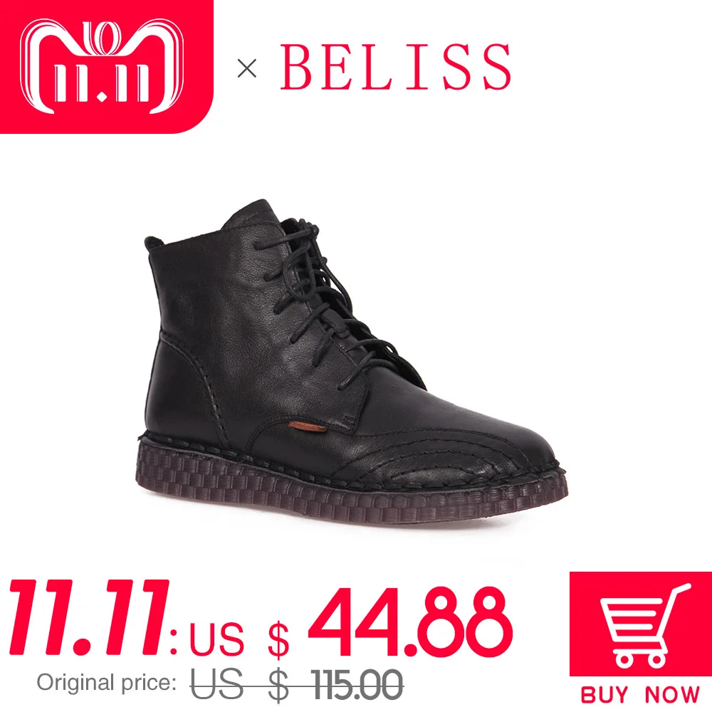 

BELISS genuine leather ankle boots women 2018 fashion soft warm wool flat boots for women platform waterproof comfortable B43