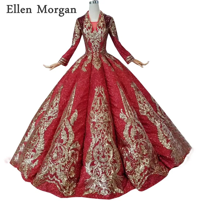 

Colorful Red Glitter Fabric Ball Gowns Wedding Dresses 2019 Custom Made V Neck Long Sleeves Gold Lace Floor Length Bridal Gowns