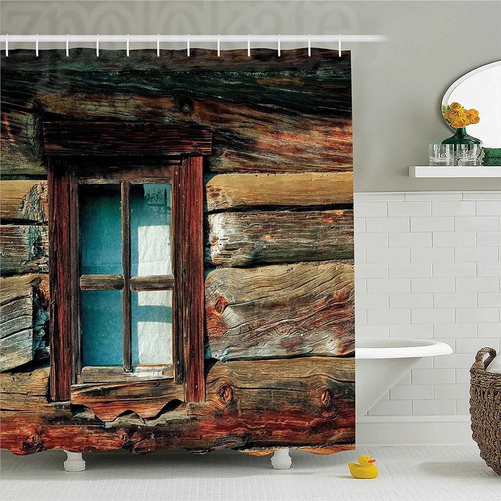 Scenery Decor Shower Curtain Single Window with White on a Wooden Made Lumberjack House Photo Bathroom Set Ho | Дом и сад