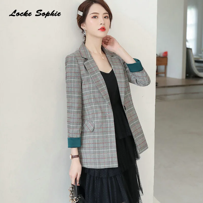 1pcs Women's Plus size Long Blazers coats 2019 Autumn Fashion cotton blend plaid Small Suits jackets ladies Skinny Blazers Suits