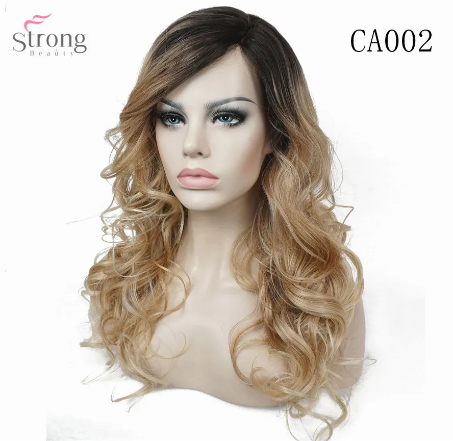 StrongBeauty парики на кружеве мононити боковая часть тепла ok Ombre коричневый/Блонд длинные вьющиеся волосы синтетический женский парик