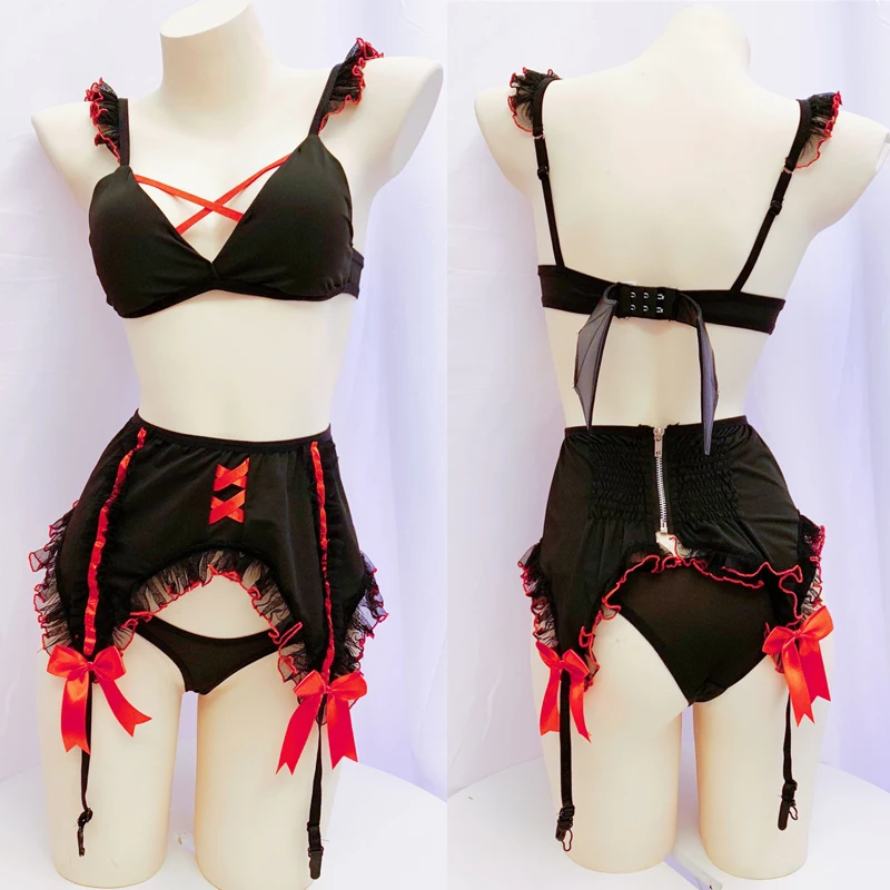 

Womens Devil Cosplay Costumes Lolita Anime Bikini with Wings Halloween Costumes Garter Bra Underwear Lingerie Set