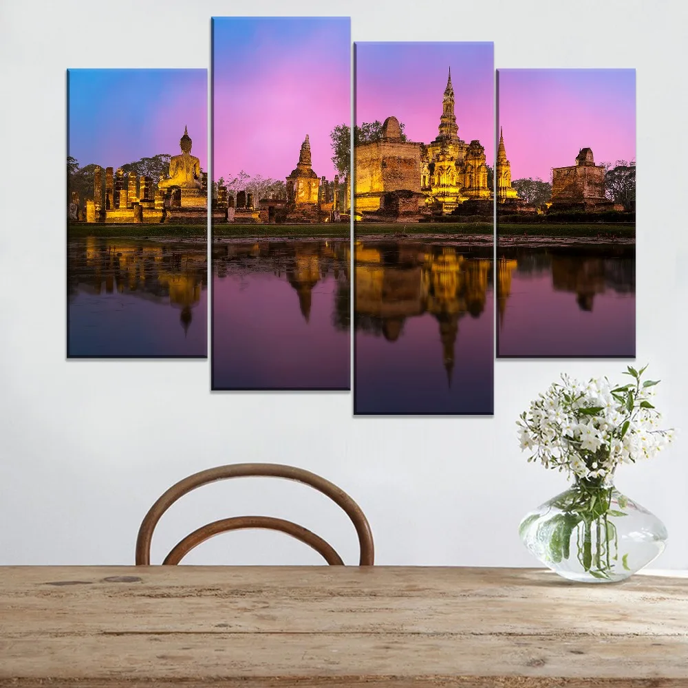 

Night Lake Reflection Temple And Buddha Painting 4 Piece Modular Style Picture Canvas Print Type Home Decor Wall Artwork Poster