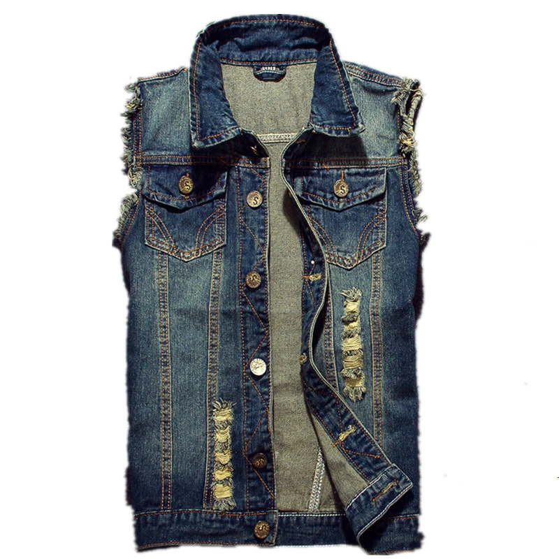 

2019 Brand Sleeveless Jacket Male Tank Plus Size Men's Denim Vest Hip Hop Jean Coats Waistcoat Men Cowboy Ripped Jean Jacket 6XL